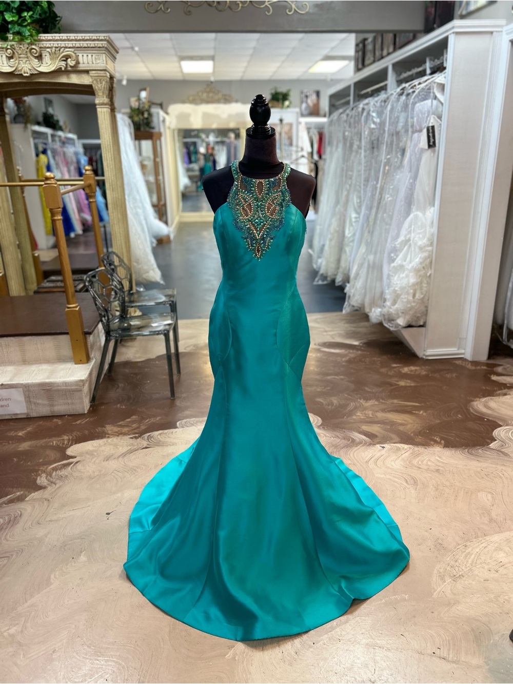 Rachel Allan Teal One-Shoulder Beaded Gown